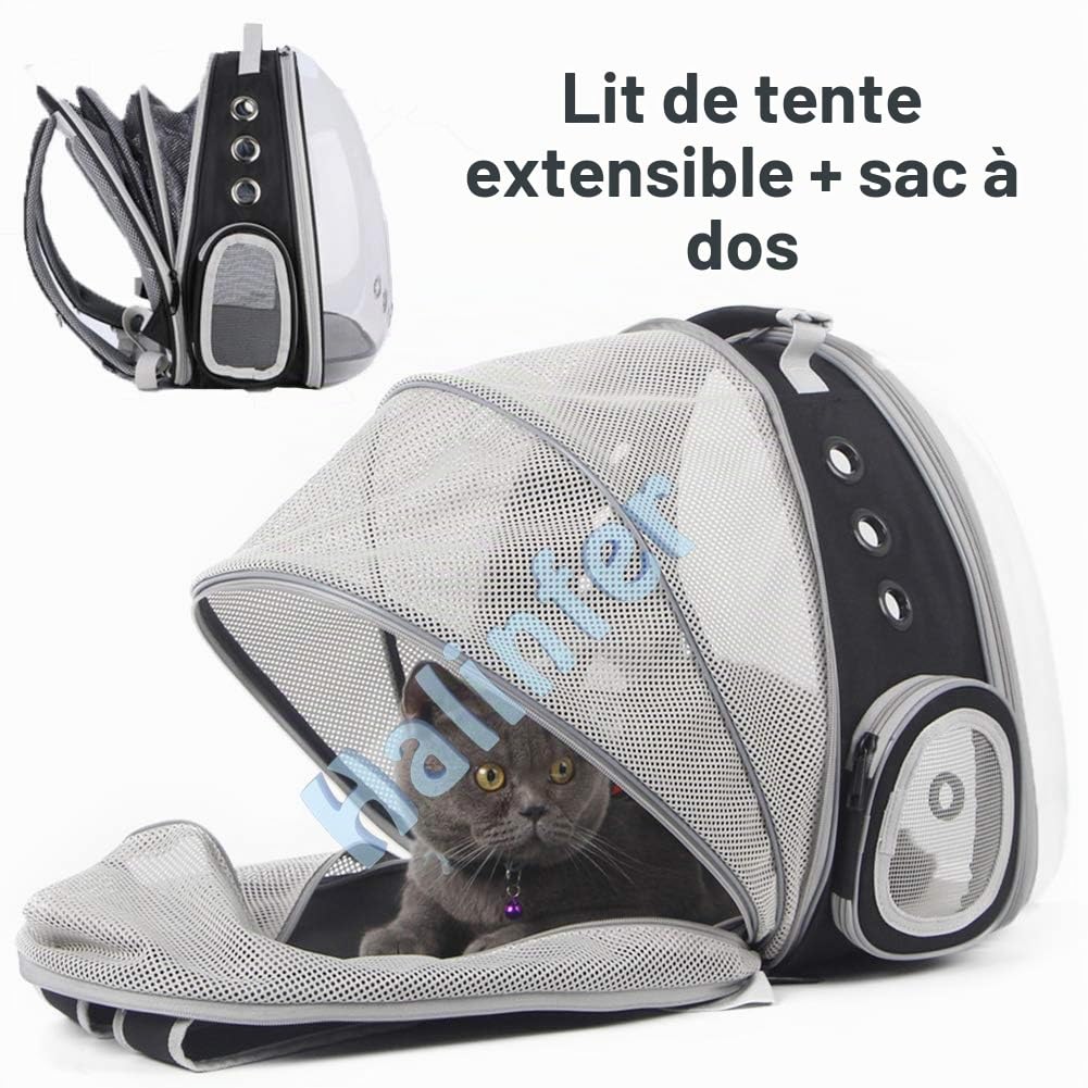 Sac à Dos Extensible de Transport pour Chat - Capsule Spatiale - Sac à Dos de Transport pour Petit Chien et Chat - Sac à Dos de Transport avec fenêtre Rigide Transparente (Noir, Extensible)