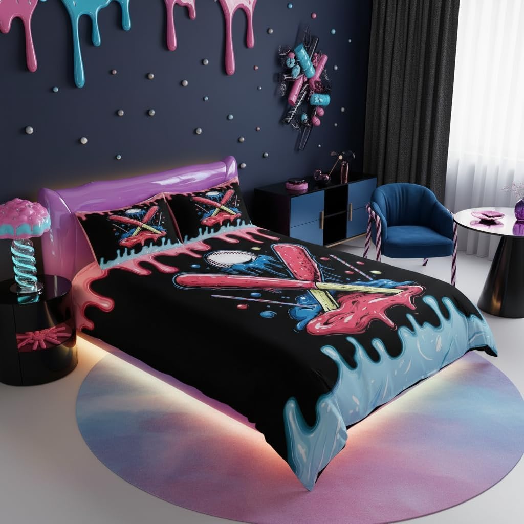 Castle Fairy Baseball Cream Kids Duvet Cover Set Full Size,Ice Cream Drip Dessert Girls Boys Bedding Set,Sports Theme Room Decor,Black Red Blue Quilt Cover,2 Pillowcases(No Comforter)