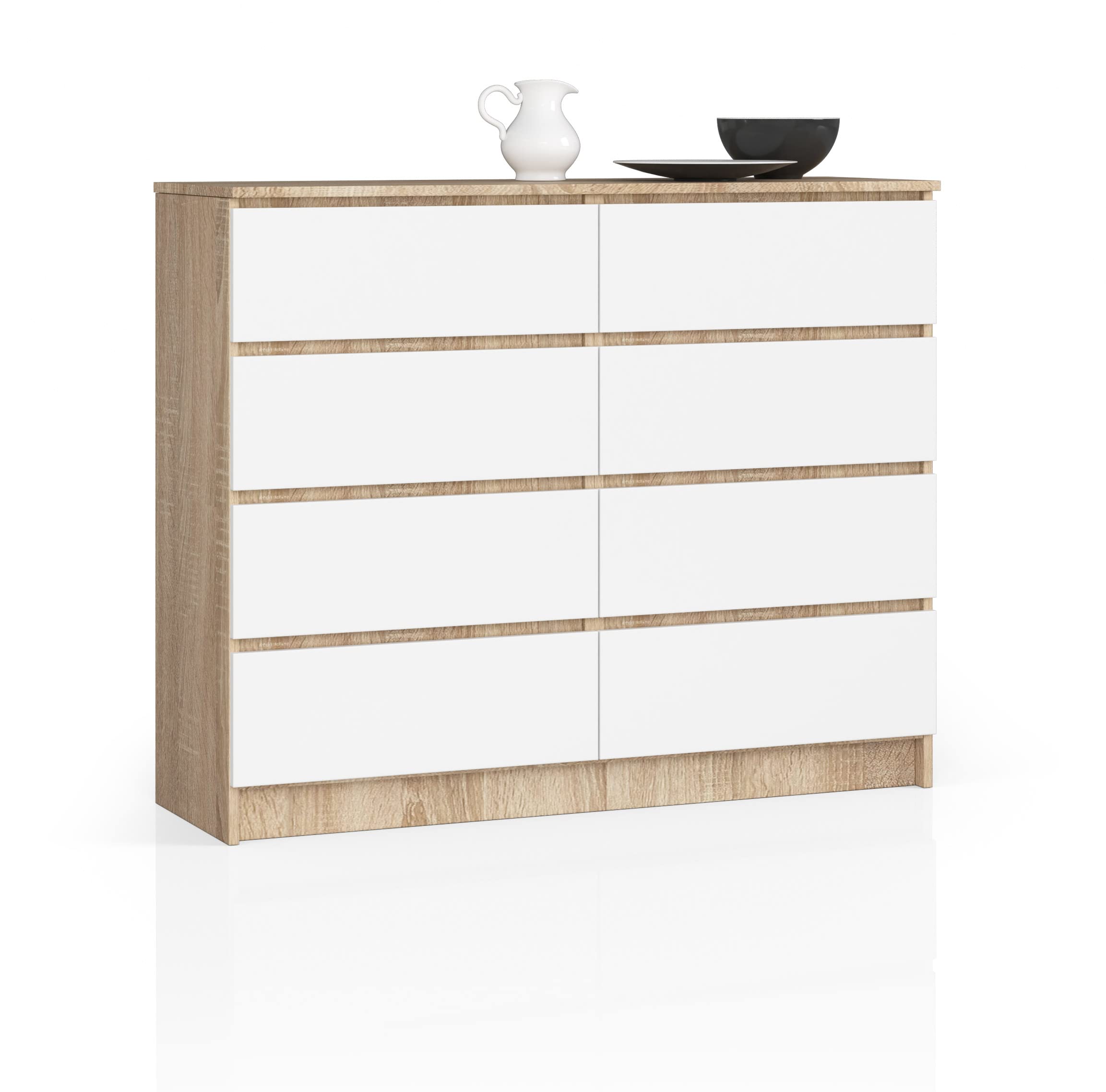 BDW Commode, 8 tiroirs, grand espace de rangement, penderie, couloir, salle de bain, commode multifonction, dimensions : 120 x 99 x 40 cm (chêne Sonoma - Blanc)