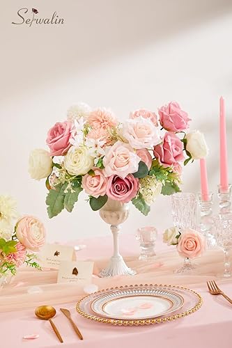 Miniatura 7 de Serwalin Flores artificiales, centros de mesa de flores rosas y blancas, decoración de boda para el hogar