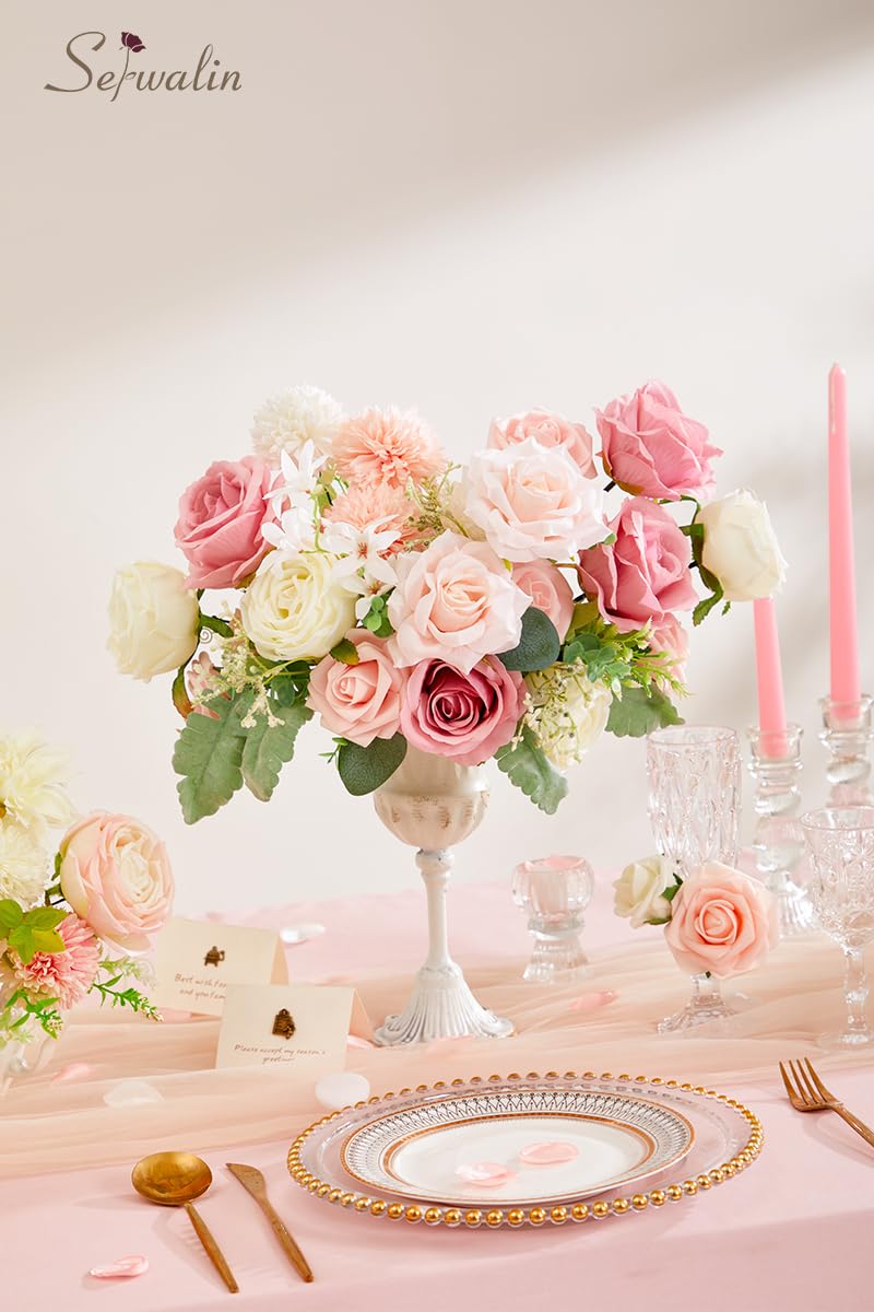 Serwalin Artificial Flowers Fake Flowers for DIY Wedding Bouquets Cake Decoration Mixed Roses Combo Blush Pink and White Flower Centerpieces Arrangements for Party Table Chair Decor - Image 2