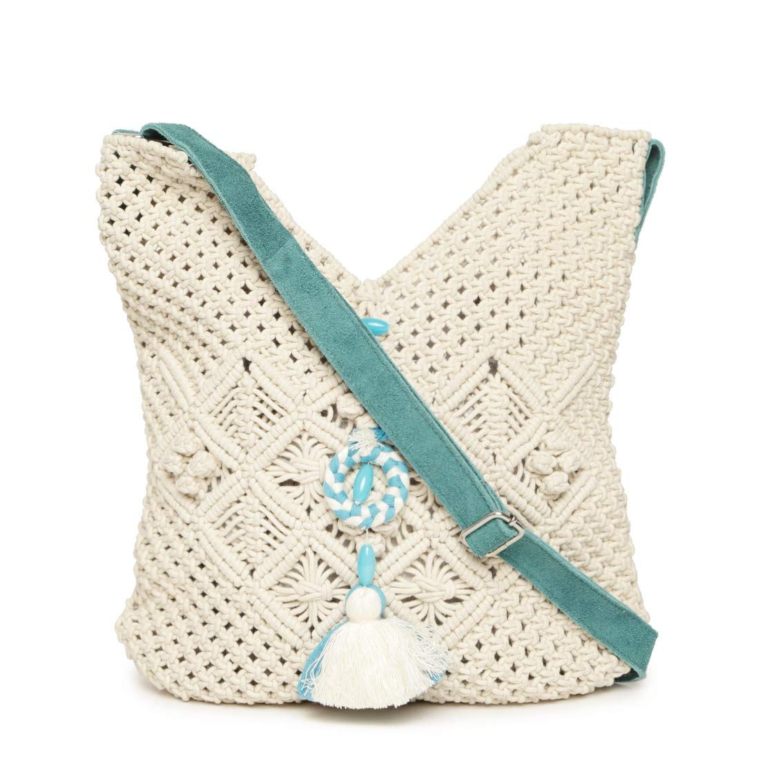 ALII AND ALIIZEYOff White Cotton Macrame Cross Body Shoulder Beach Bag Handbag (Teal Adjustable Canvas Strap)