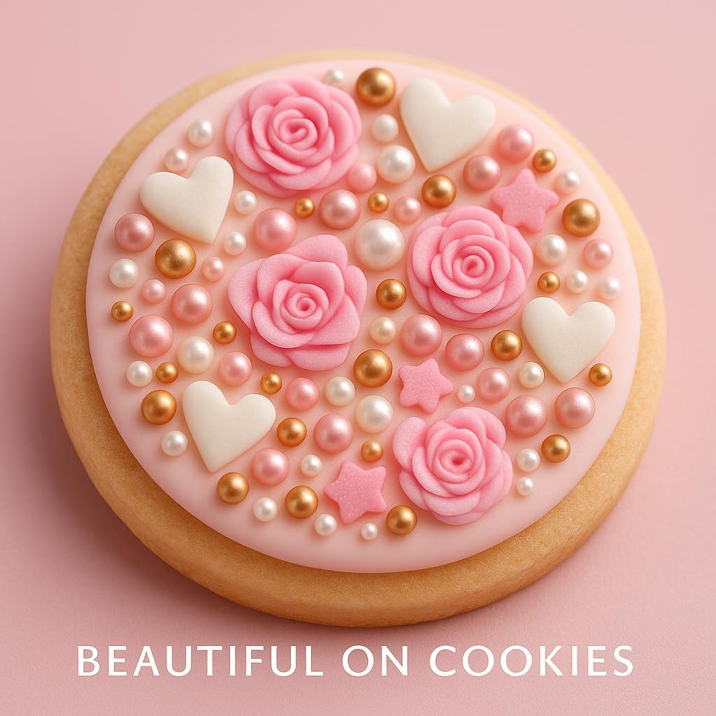 Confect Pink Mini Roses & Lips I Silver Hearts & Vermcelli and White Pearls, Anniversary Sprinkles, Sprinkles for Baking & Cake Decorative, Edible sprinkles Mix Pack of 5-140 Gms