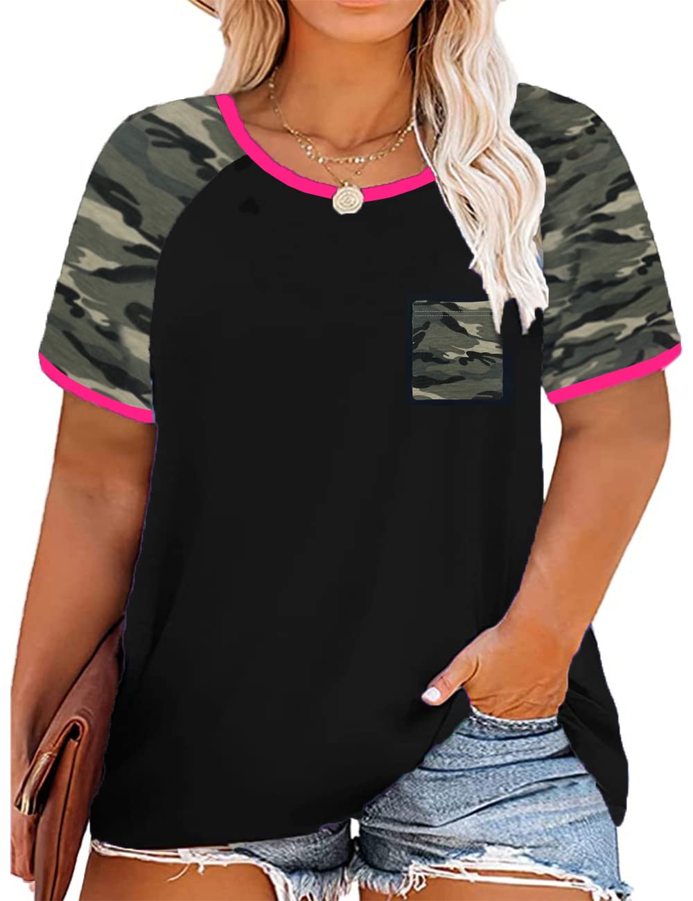 CARCOS Women's Plus Size Camo Raglan Top - 3XL Summer T-Shirt With Pocket, 95% Rayon 5% Spandex