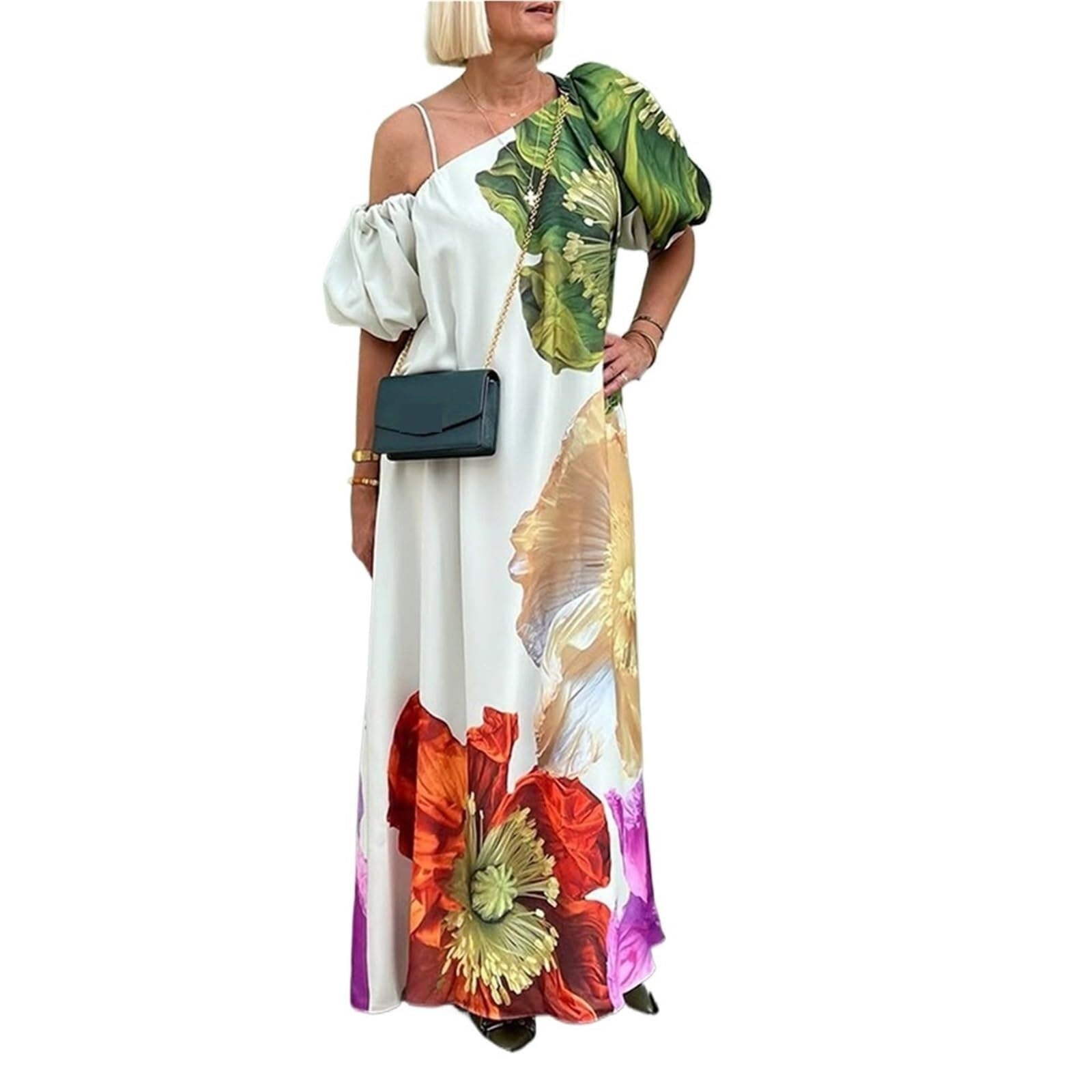 Vestido Playa Mujer Vestido Largo De Verano con Estampado Floral Un Solo Hombro, Elegante, for Fiesta, Noche, Vacaciones, Playa