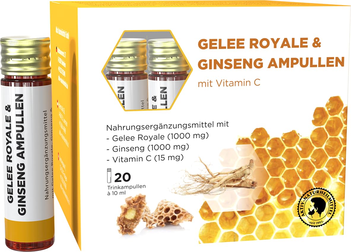 AKTIV NATURHEILMITTEL Gelee Royale & Ginseng Trinkampullen, 20 Stück | je 1000mg Gelee Royale, 1000mg Ginseng (Panax), mit Vitamin C, Familienunternehmen seit 1993