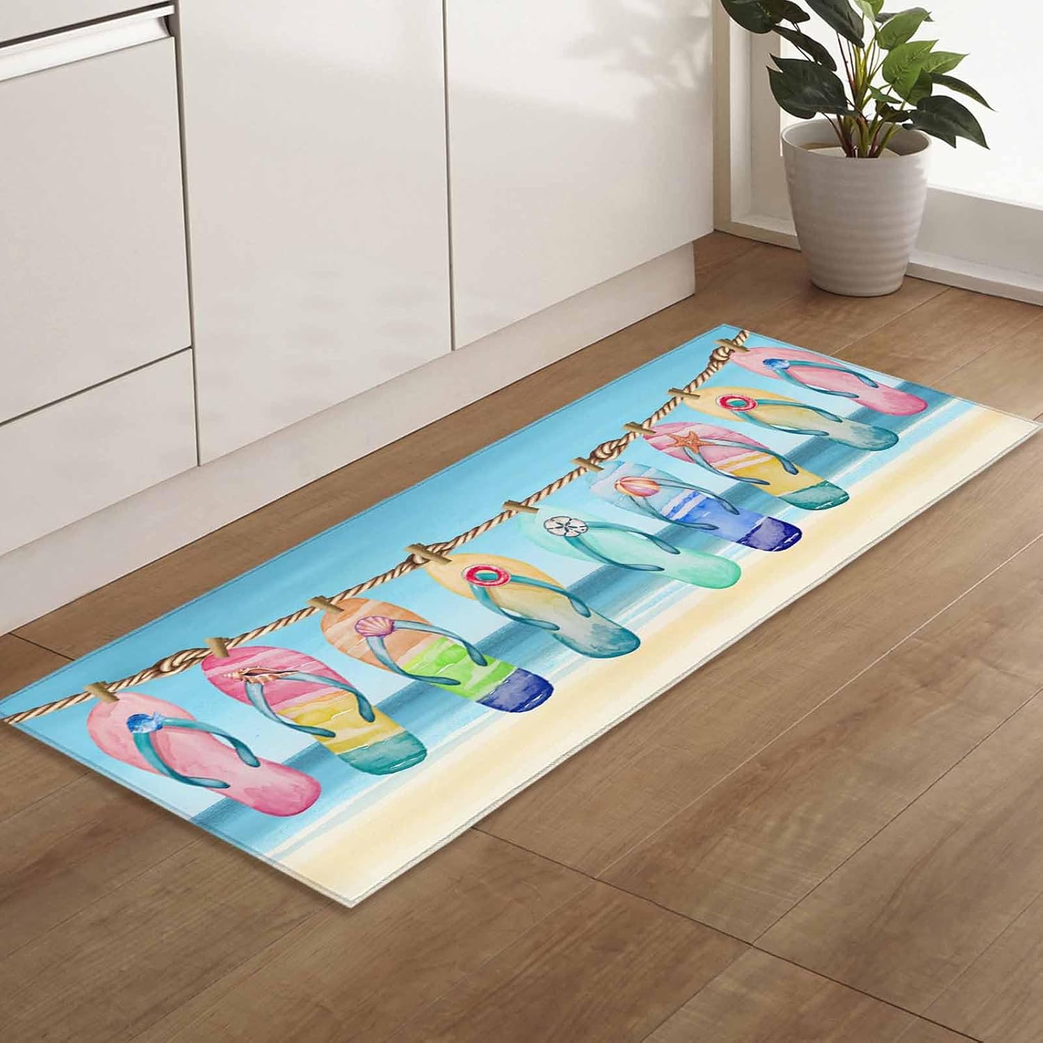 2 Pieces Kitchen Rugs and Mats,Summer Colorful Slipper Hanging on A Rope Area Runner Rug Set Non Slip Floor Doormat Washable Carpet Standing Mat for Kitchen Sink Indoor Corridor,Ocean Beach Theme