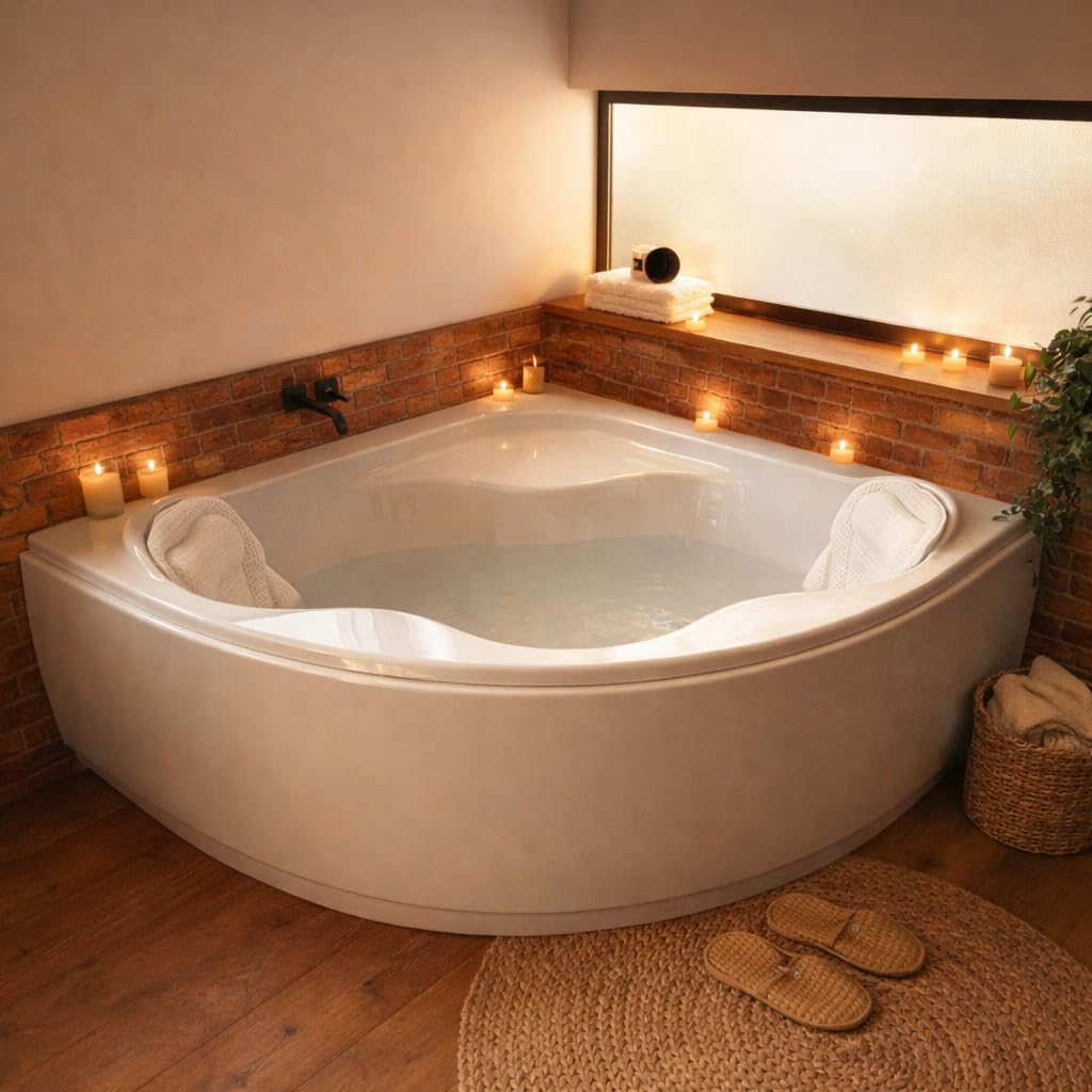 ECOLAM Baignoire d'angle symétrique SELMA 140 x 140cm + tablier en acrylique | oreiller Mare | pieds siphon | set complet