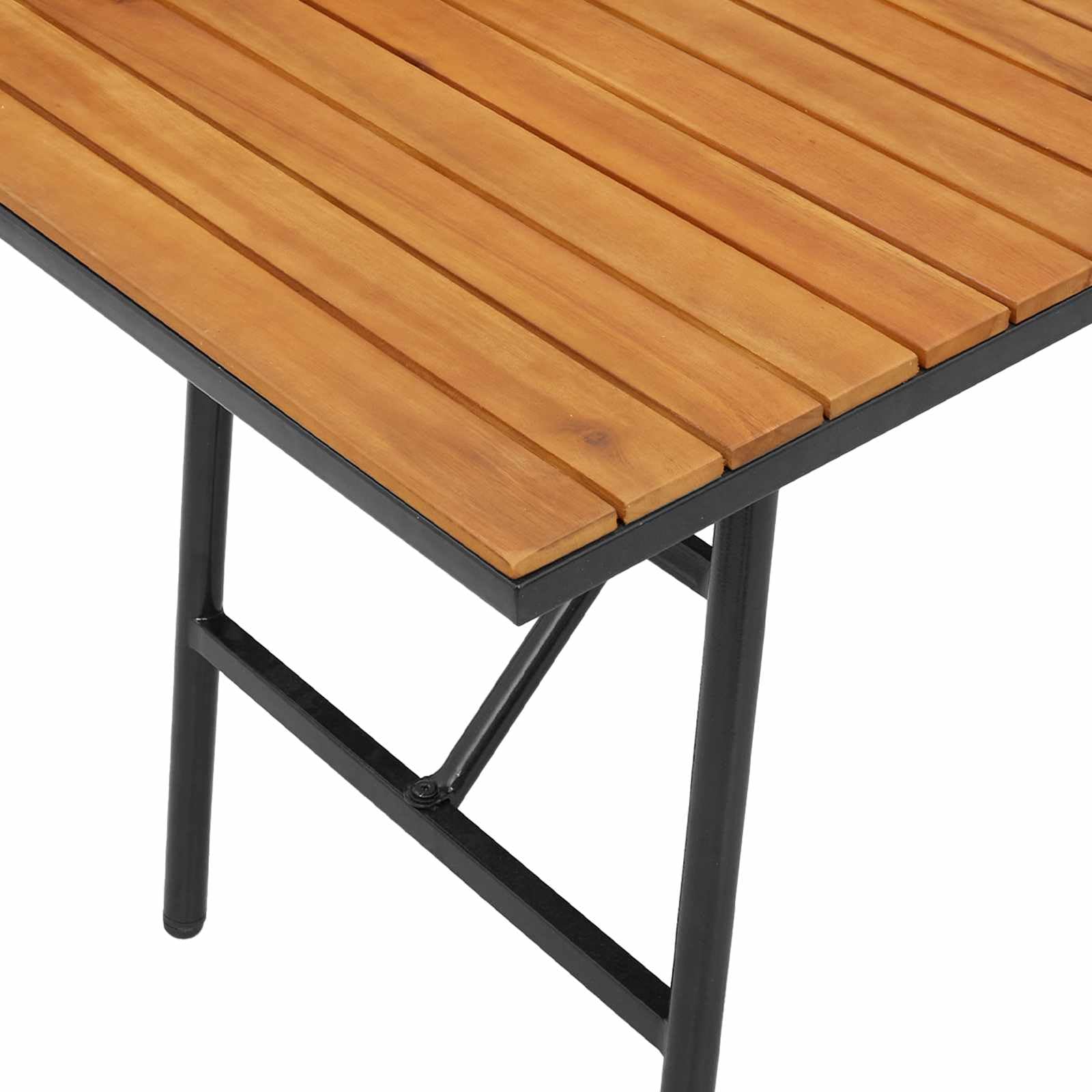 Tavolo da pranzo in legno di acacia massiccio, marrone, 110 x 55 x 61,5 cm, con telaio in metallo nero, tavolo da giardino per terrazza, per balcone e cene all'aperto