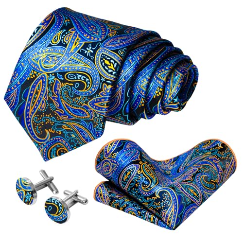 Image of 5PCS Mens Silk Tie, Pocket Square, Cufflinks, Drilled Tie Ring and Lapel Pin Set for Wedding Groom Party