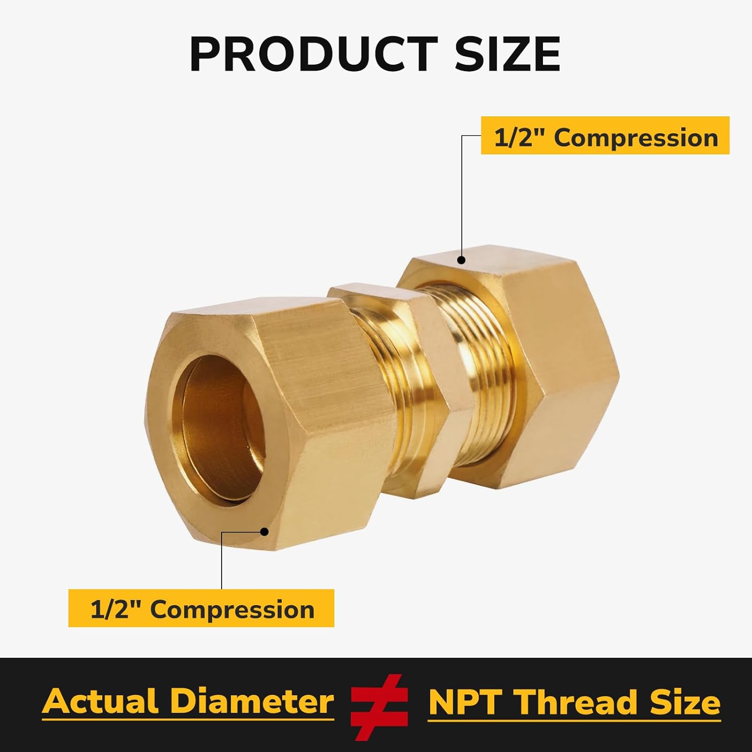 Brass Compression Tube Fitting, Union, 1/2" × 1/2" NPT Compression Fitting for Copper, Fuel and Brake Line Connections, 1200 PSI (1 Pack)