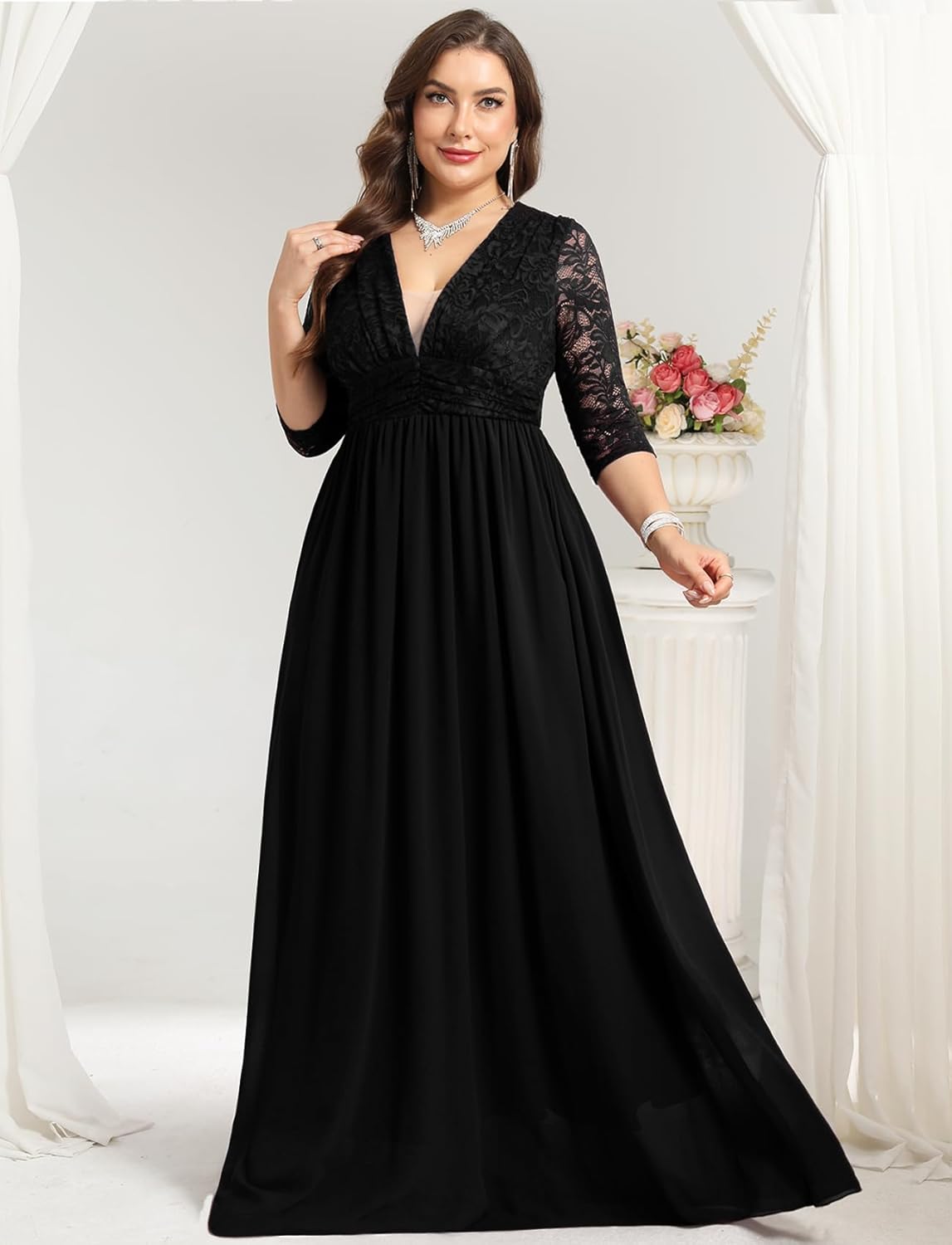 CYCLAMEN Plus Size Wedding Dress Lace Chiffon Deep V-Neck A-Line Long Sleeve Maxi Dresses Formal Evening Gown Cocktail - Image 4
