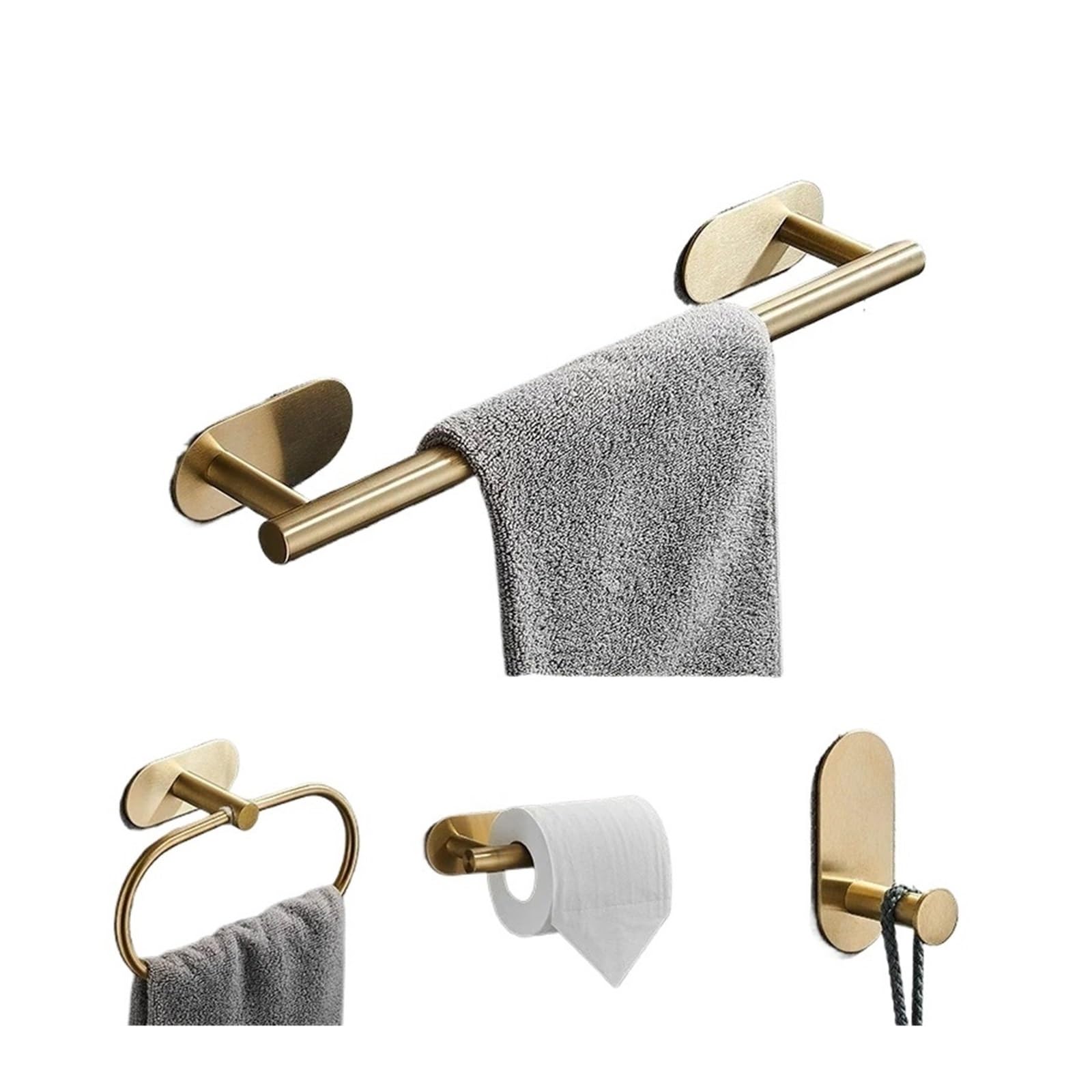 Juego de soporte autoadhesivo de acero inoxidable para toallas y gancho para bata, sin taladrar, resistente al óxido, juego de accesorios de baño de 3 piezas, color plateado