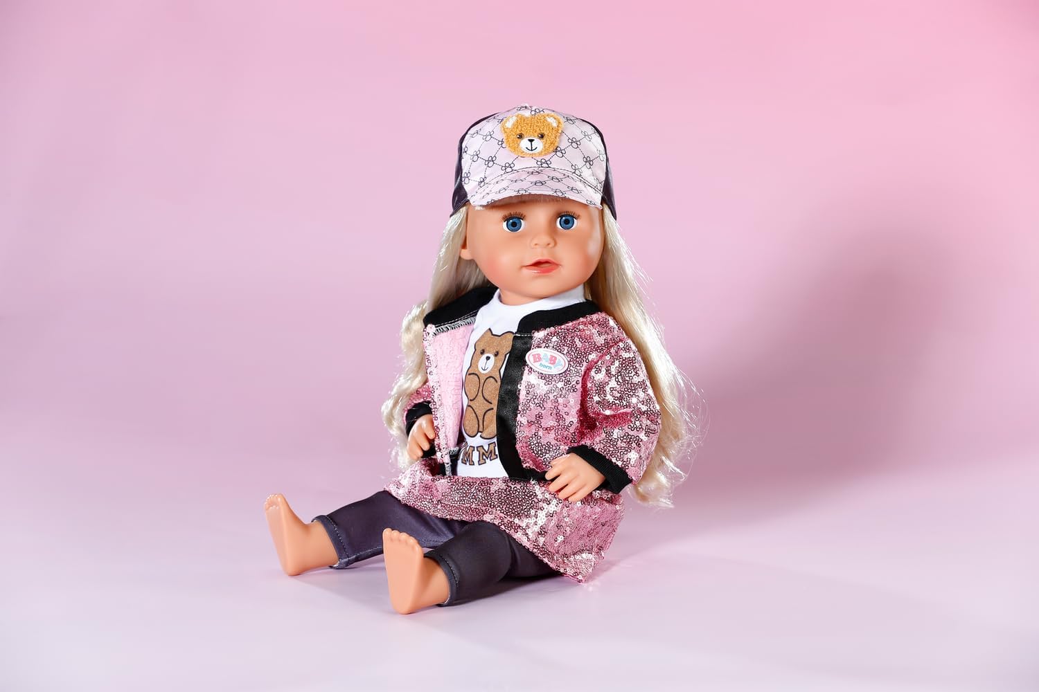 BABY born Glam Outfit - with Pink Sequin Skirt and Jacket, Teddy Bear Print T-Shirt, Cap and Leggings - High Quality Accessories for Dolls - Clothes Suitable for 43 cm Dolls
