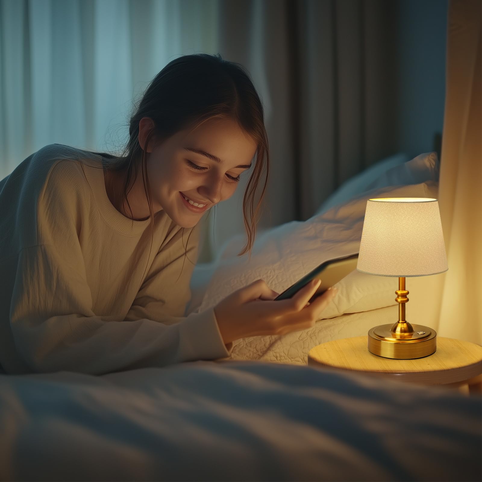 ONEWISH Pequeña lámpara inalámbrica regulable, lámpara de mesa con pilas, recargable de 4000 mAh, lámpara de noche táctil con pantalla de tela blanca, bombilla de 2700 K incluida, para comedor, patio