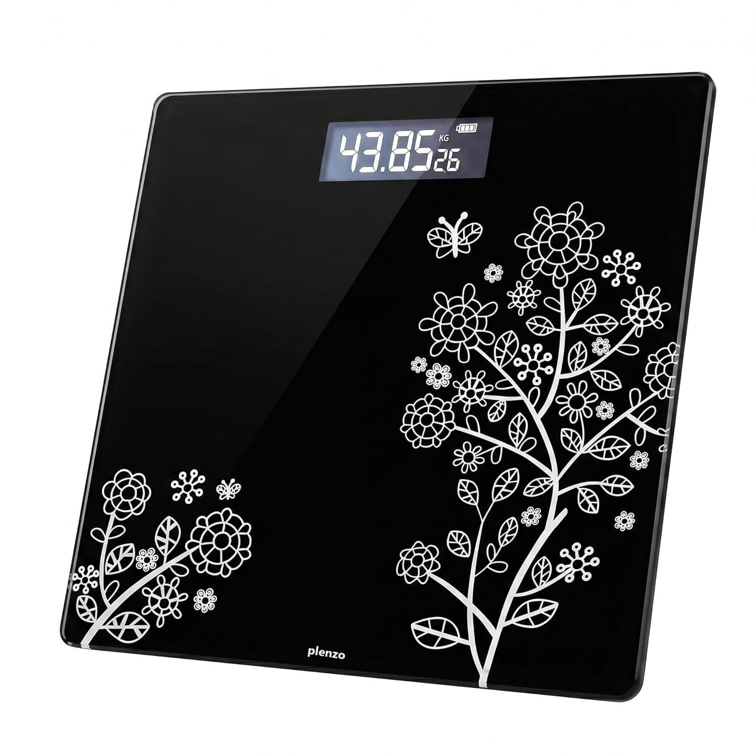 Weight Machine For Home with LCD Display, Tempered Glass Platform, Floral Pattern, Accurate Bathroom Weighing Machine, Black-image-10