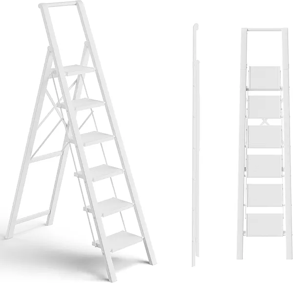 SOLADDER 6 Step Ladder, Folding Step Stool with Handgrip and Anti-Slip Wide Pedal, Portable Lightweight Aluminum Stepladder for Kitchen, Home, Library, Office (300 lbs Capacity) - White