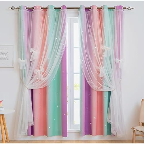 Yancorp Curtains for Girls Bedroom Kids Curtain Hollow-Out Star Window Nursery Curtain 72 inches Length Room Darkening Grommet 2 Layers (Green Pink Purple, W52 X L72)