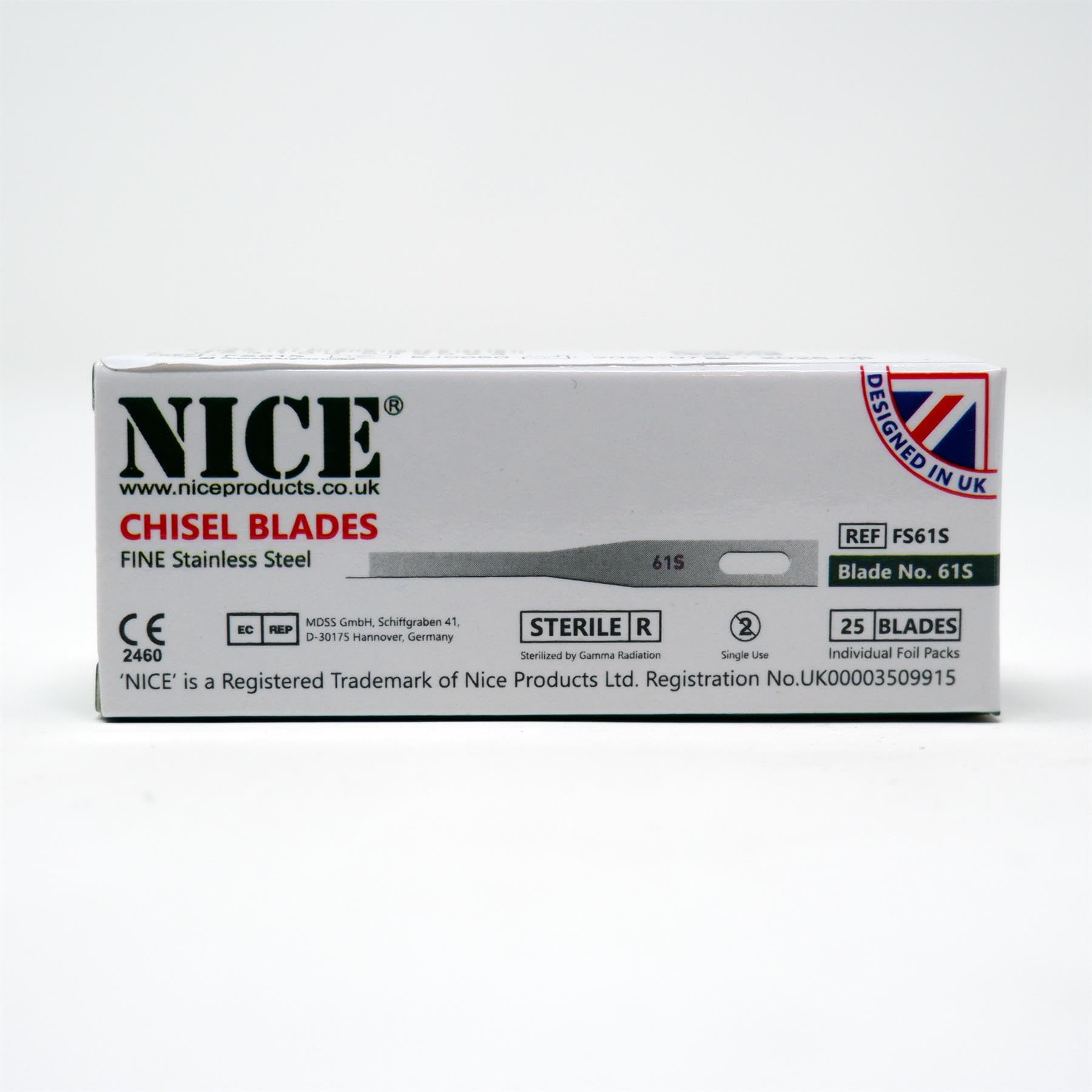 25 x NICE FINE 61S Sterile Stainless Steel Chisel Blades FS61S for Podiatry and Chiropody, 1 count (Pack of 25)