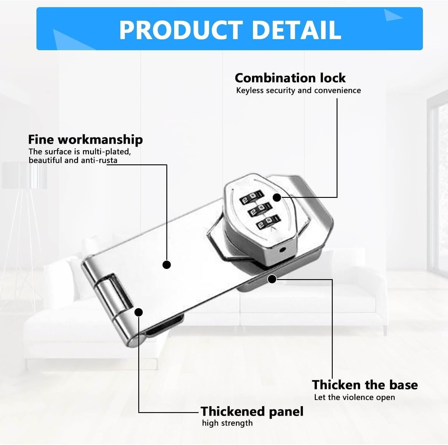 Kshavi Keyless Cabinet Lock 3-Digit Password Combination Code Hasp Latch Door Security Slide Latch for Locker, Fence, Bathroom, Outdoor, Garden (Silver, 4 Inch) 2