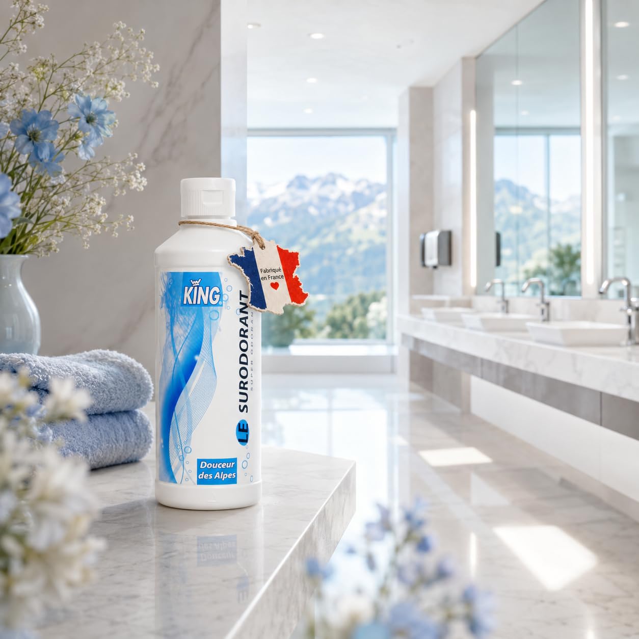 KING Surodorant Douceur des Alpes 500 Ml | Concentré – pur ou dilué – sans rinçage – odeur rémanente plusieurs heures – WC sanitaires poubelles espaces collectifs