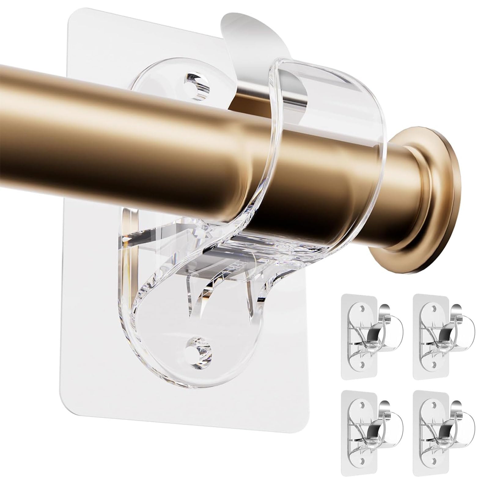 BelleVive 4-Pack Curtain Pole Holders No Drilling, Self-Adhesive Adjustable, Nail-Free Curtain Rod Hooks, Strong Stick-On Hooks (Transparent)
