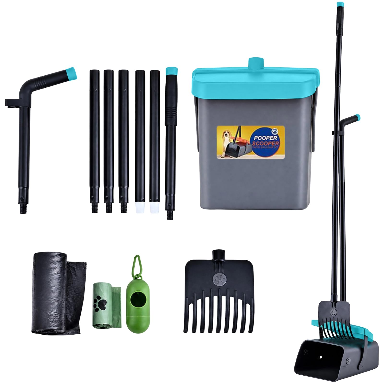 Kit con paletta girevole e rastrello per cani, manico lungo 116,8 cm, paletta regolabile per rifiuti di animali domestici, con cestino da 101,6 cm e 35 sacchetti per rifiuti, raccoglitore portatile