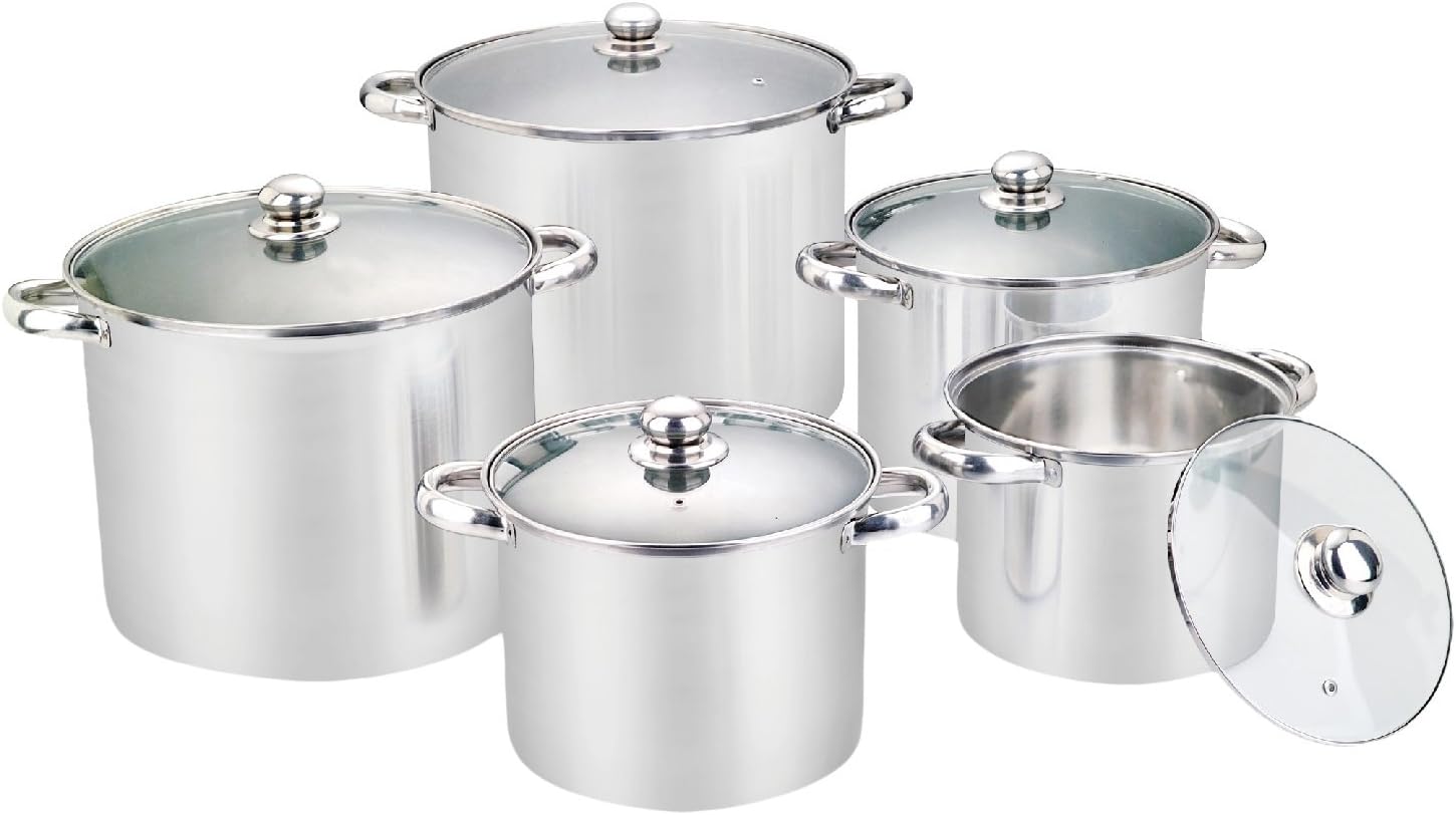 Jarhill 18 0 Stainless Steel Stock Pots With Glass Lids Induction Ready Set Of 5 20 18 15 12 8 Qt Amazon Co Uk Home Kitchen