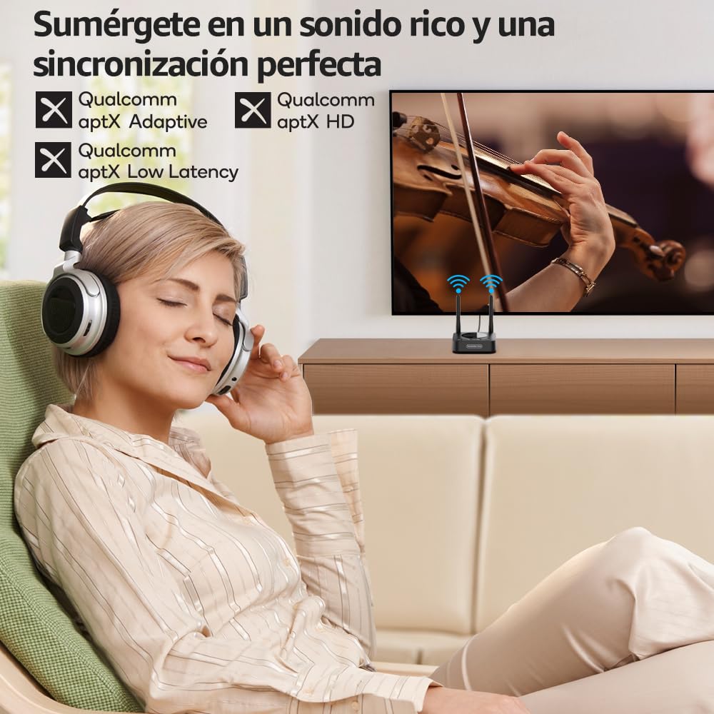1Mii B06TX+ Transmisor Bluetooth 5.3 para TV, Adaptador Bluetooth Audio Entrada Óptica/AUX/Coaxial con Pantalla Fácil de Conectar con 2 Auriculares, Control de Volumen, aptX LL/HD, Largo Alcance