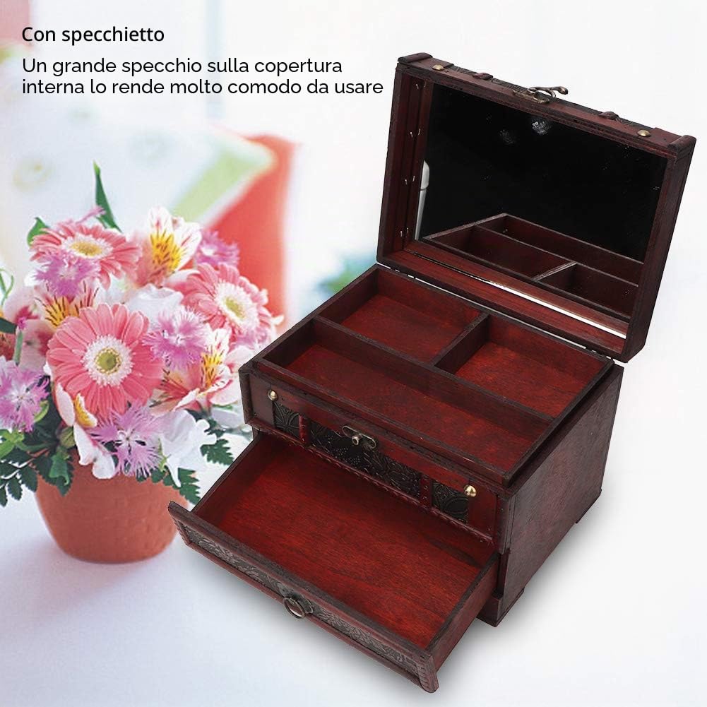 Portagioie in Legno, Doppio Strato Portagioie Vintage Scatola di Gioielli Set con Specchio per Regalo per Ragazze e Donne