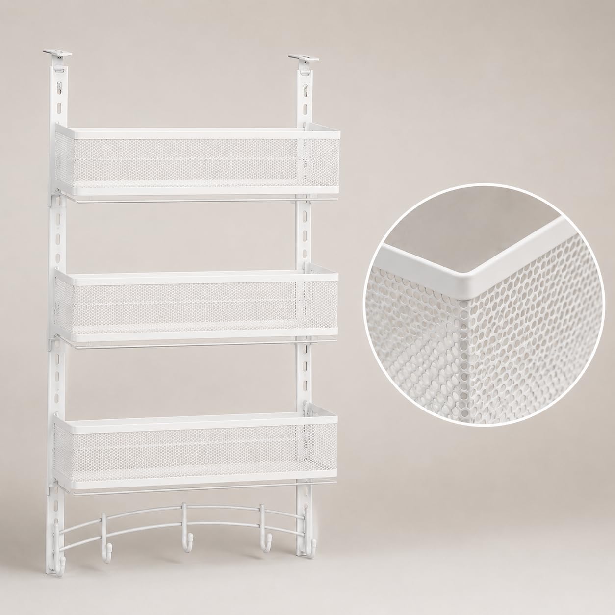 Étagère porte suspendue en métal - panier suspendu pour rangement porte à suspendre - Pour les vêtements, Blanc, 3 paniers suspendus + 1 barre de crochets
