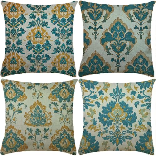 Funda Cojin verde Paquete de 4 65x65cm Europa del Norte Cojines para Sofa Fundas de Cojín Cuadradas Fundas de cojín de Lino con de dos Caras Estampado para Sofá Estar Dormitorio Festival Regalo XW-154