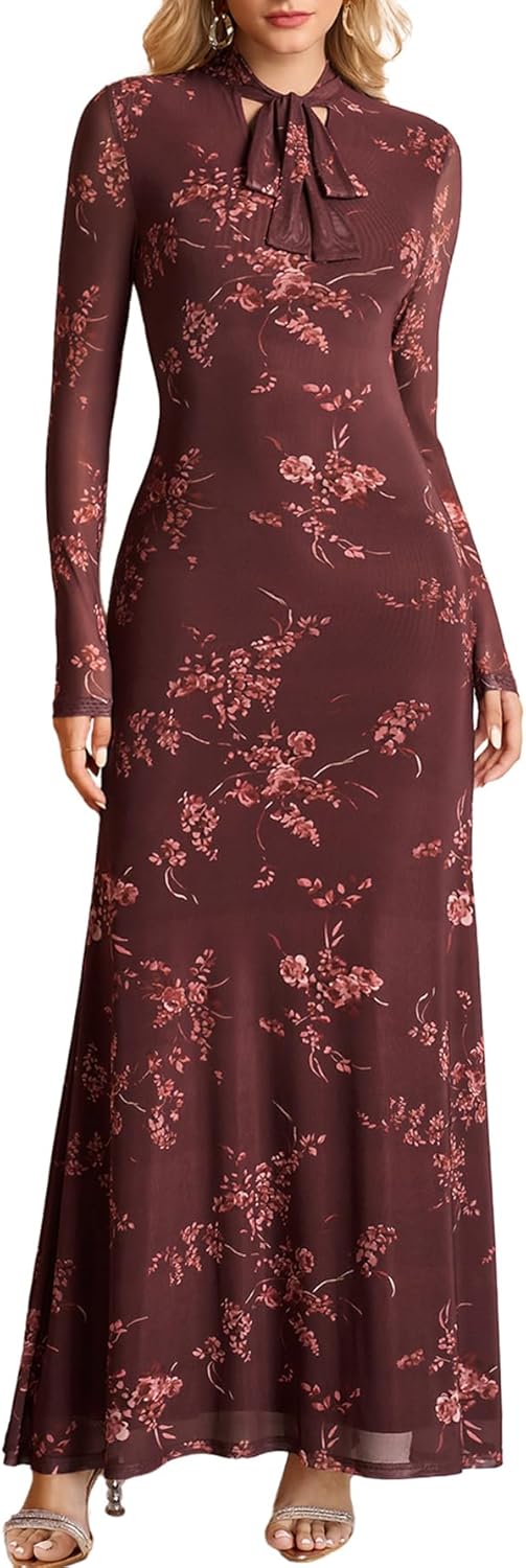 HTZMO Women Fall Long Sleeve Bow Tie Neck Formal Maxi Dresses A Line Flowy Wedding Guest Party Elegant Long Dresses