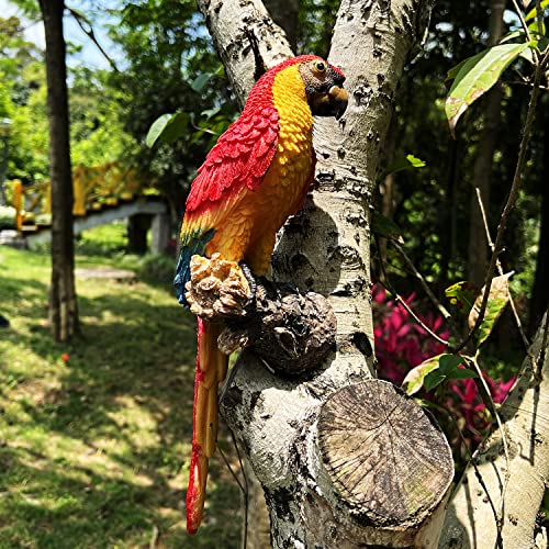 Handsider Garden Statue Tree Hugger Parrots Figurine Art Decoration For Yard Tree Ornaments, Handing Tree Face Parrot Sculpture Decor(Red/Yellow) #TOP4