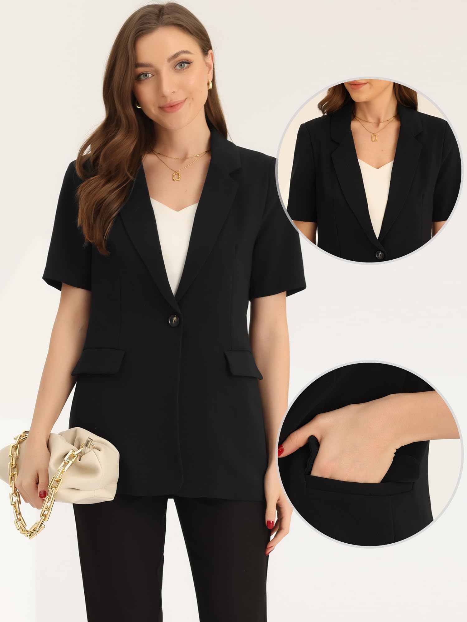 Allegra K Donna Blazer con Risvolto A Maniche Corte Abbottonato da Lavoro Aperto sul Davanti con Tasche