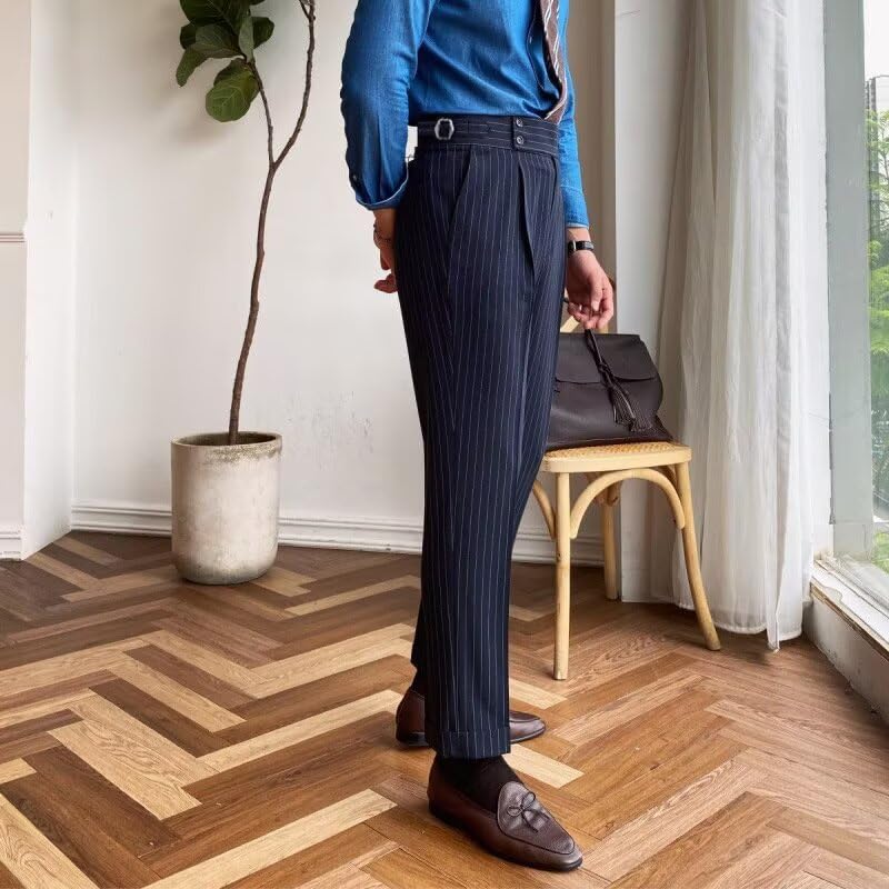 Men's Pinstripe Dress Pants Flat Front Gurkha Striped Suit Pants Slim Fit Lightweight Work Office Business Trousers4