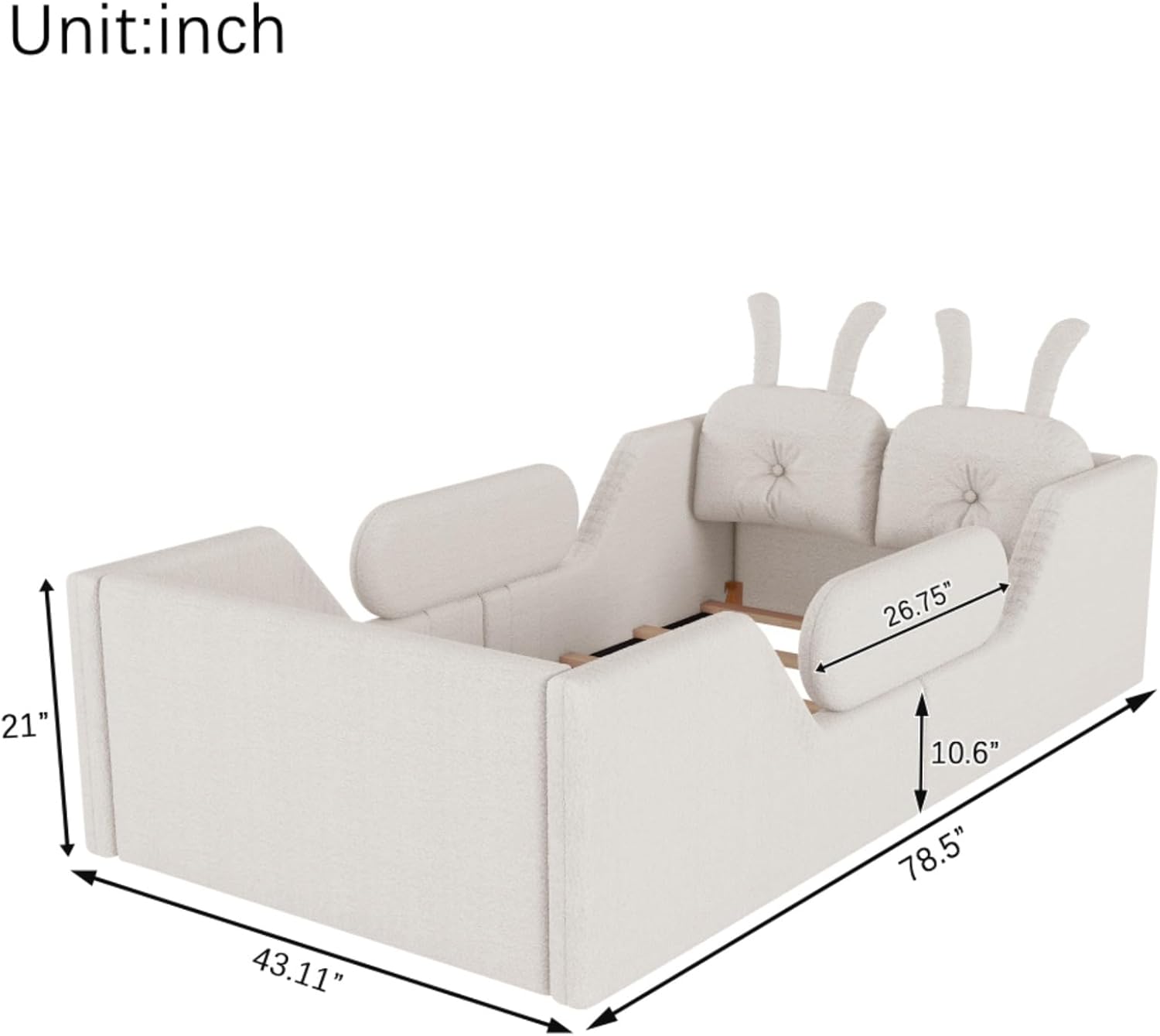 Twin Size Montessori Floor Bed with Removable Side Rails and Rabbit Cushion, Upholstered Floor Platform Bed with Slats, No Box Spring Needed, White