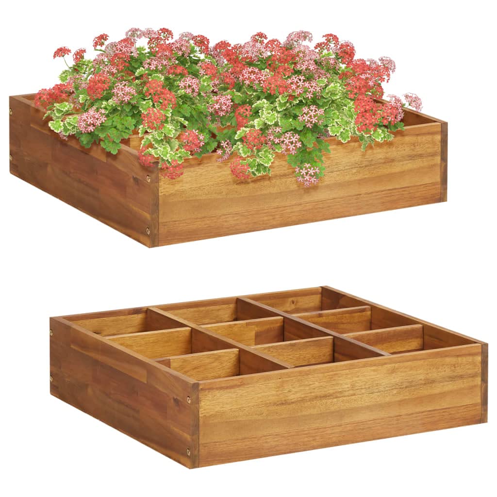 Lit Surélevé de Jardin à Herbes en Bois d'Acacia Massif, Carré Potager 9 Poches pour Plantes Aromatiques, Jardinière Robuste pour Intérieur et Extérieur, 60 x 60 x 15 cm