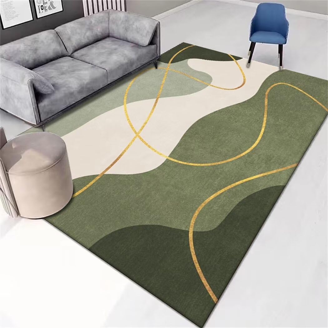 Tapis de salon moderne vert à poils ras lavable et résistant aux passages fréquents