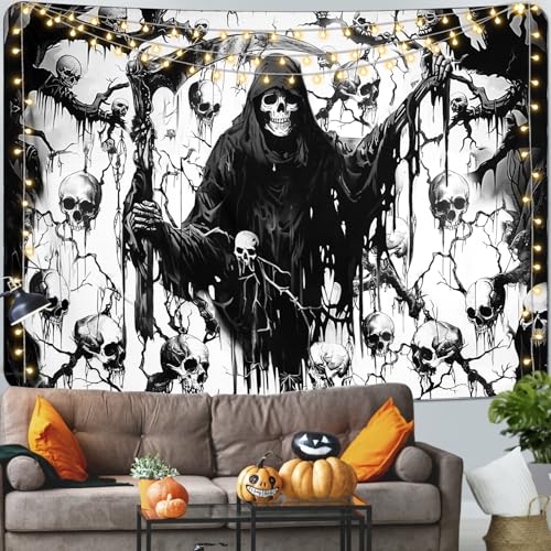 Invoibler Halloween Skull Tapestry Goth Skeleton Tapestries Grim Reaper Decor Black And White Tapestry Horror Aesthetic Tapestry Wall Hanging For Bedroom thumb #1
