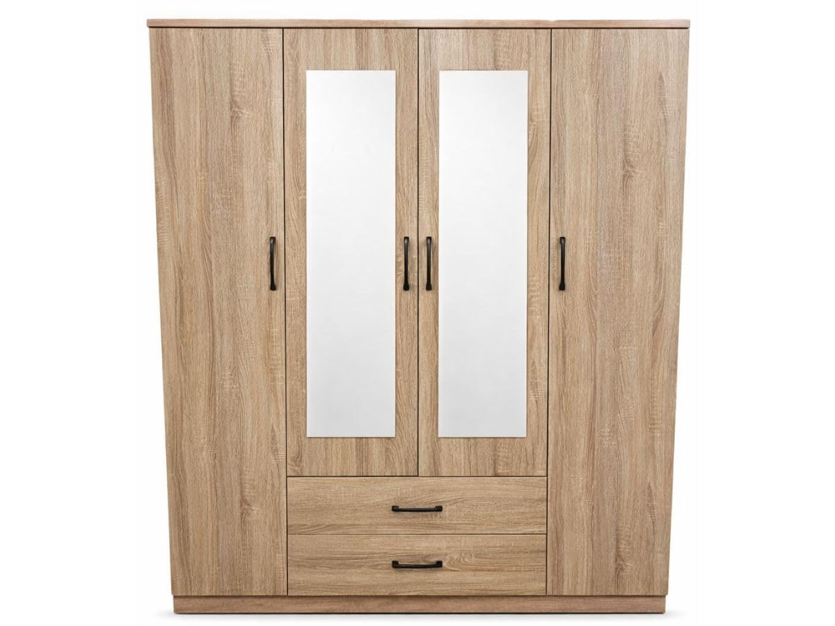 Armoire Valentina 4 Portes avec Penderie, Étagères et 2 Tiroirs, Rangement pour Chambre, Blanc/Chêne/Bois Grisé (Chêne)
