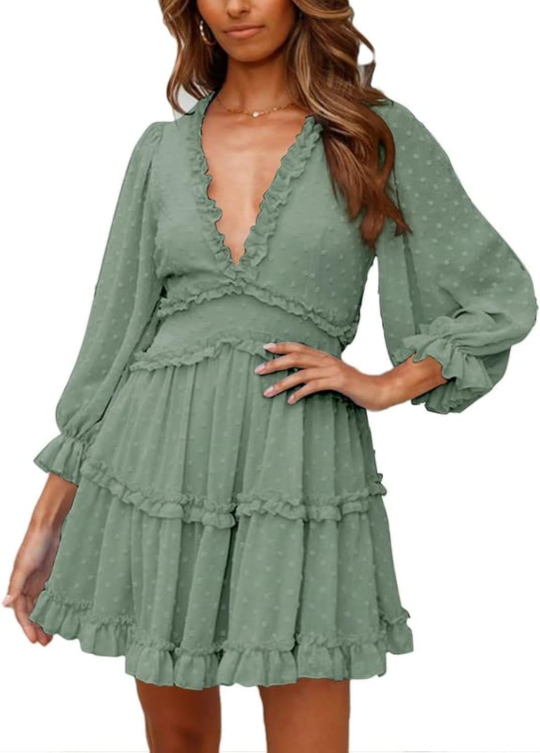 Dokotoo Womens 2025 Summer Spring Deep V Neck Ruffle Long Sleeve Open Back Flowy Mini Dress