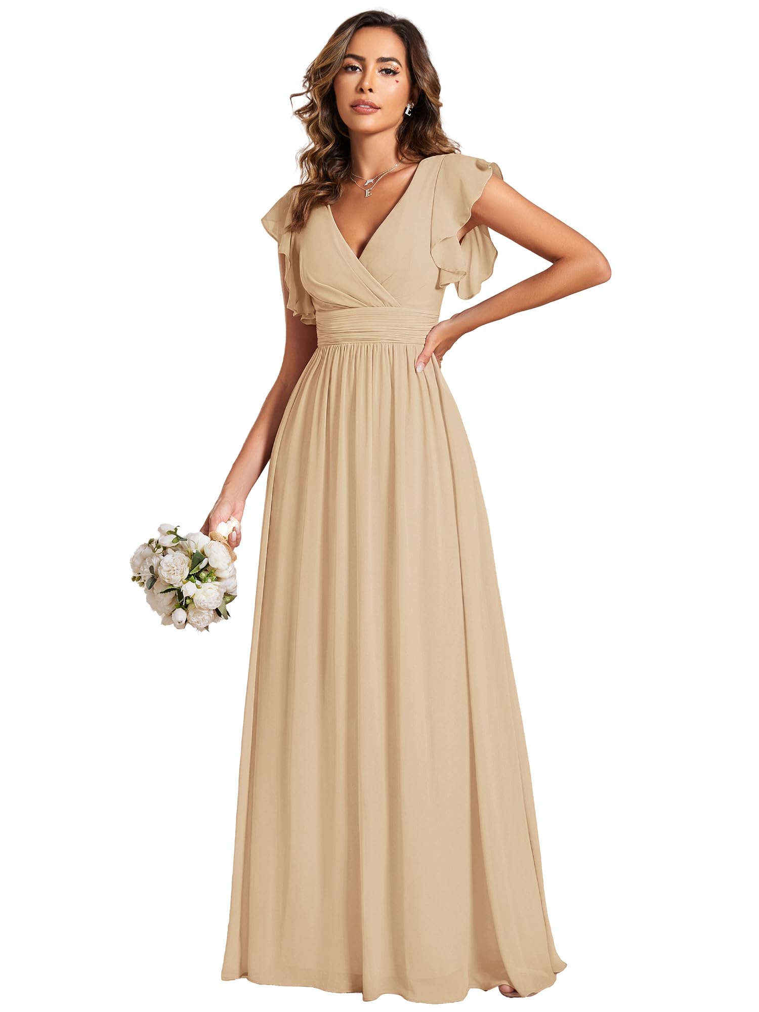 Ever-Pretty Damenkleid mit rückenfreiem Rücken, Geraffte Ärmel, Chiffon, V-Ausschnitt, plissiert, Elegante Brautjungfernkleider, ES01819-P, Champagner, 38