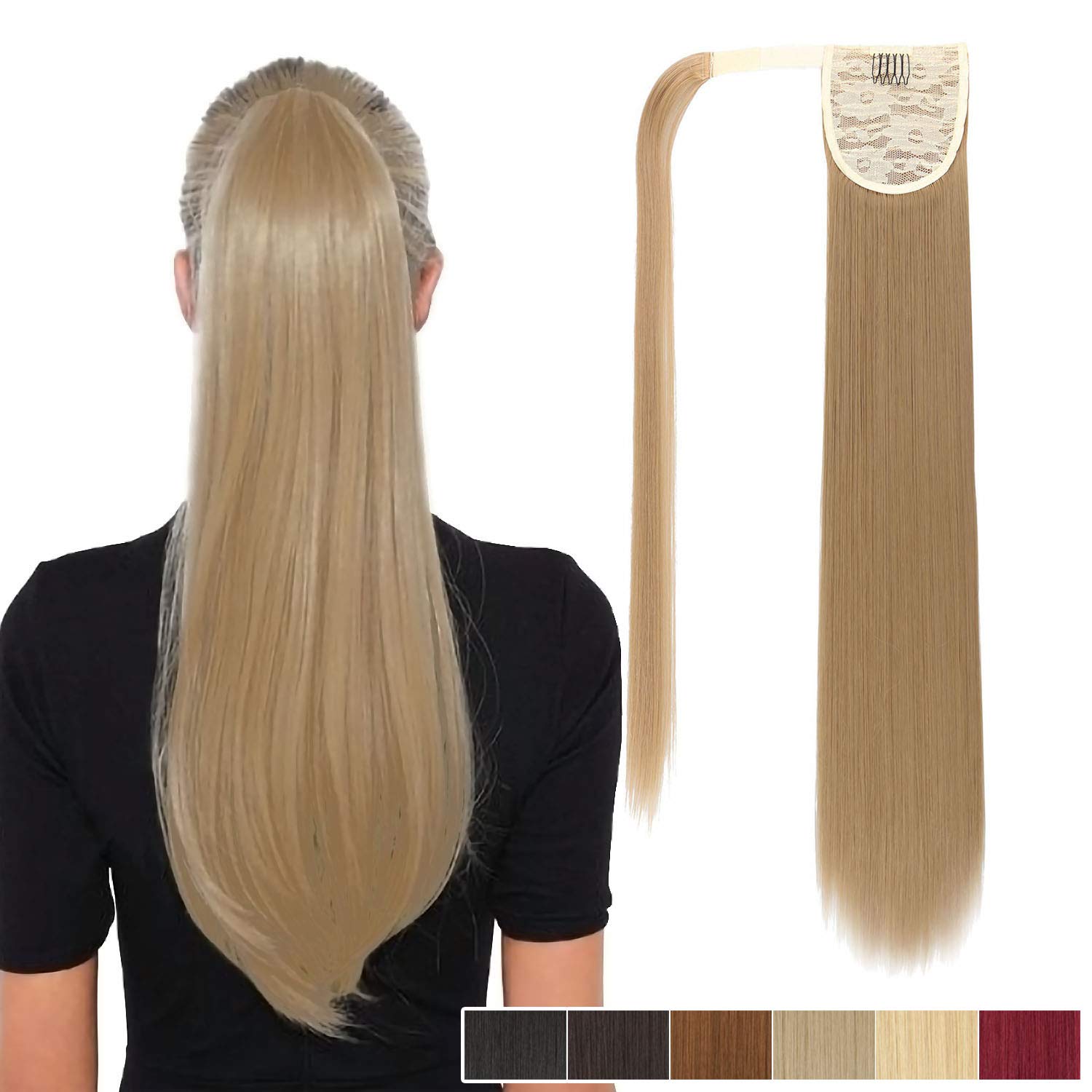 Eerya Clip in Ponytail Extension Wrap Around Long Straight Pony Tail Hair 22Inch Synthetic Hairpiece Hair Piece for Girl Lady Woman (Straight Hair, 27# Ash Blonde)