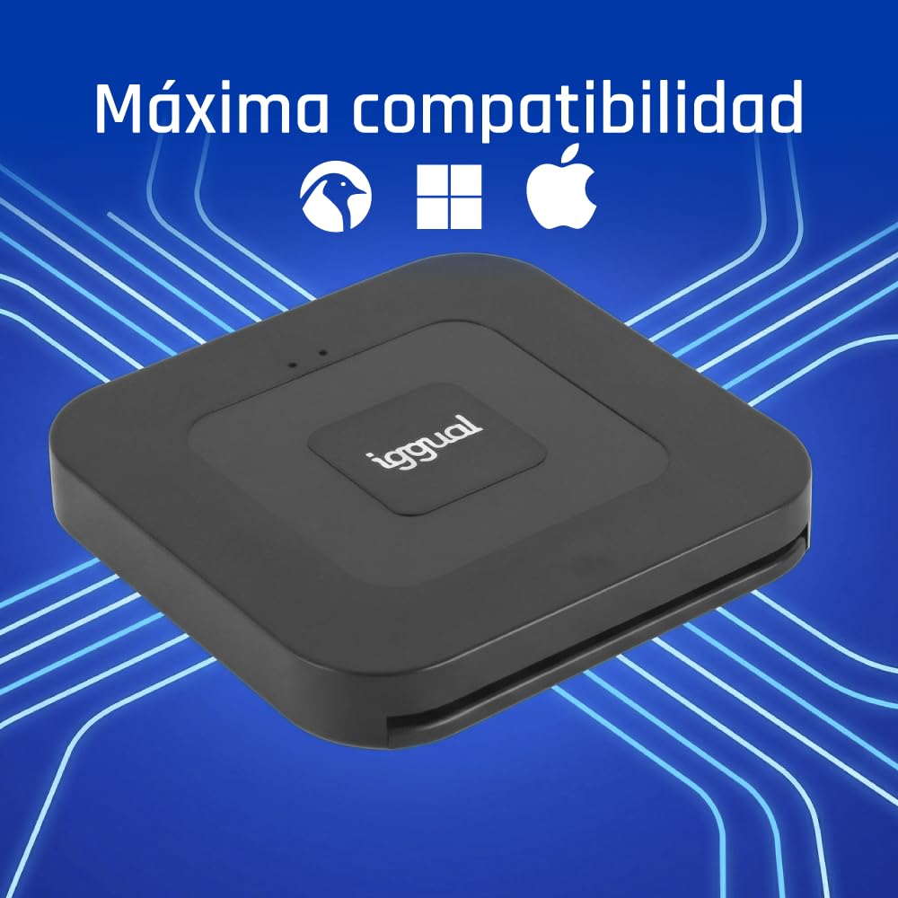 Iggual Lector DNI Electrónico y Tarjetas Inteligentes - Conexión Entrada Tipo C - Admite Cables de Salida USB-A y USB-C - Compatible DNIe 4.0 - Velocidad de Lectura 420 kbps - Windows, macOS y Linux