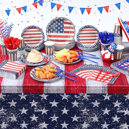 452 pcs veterans day party supplies for 50 guests american flag patriotic paper plates napkins cups tablecloth cutlery straw white red and blue tableware for veterans day party decoration