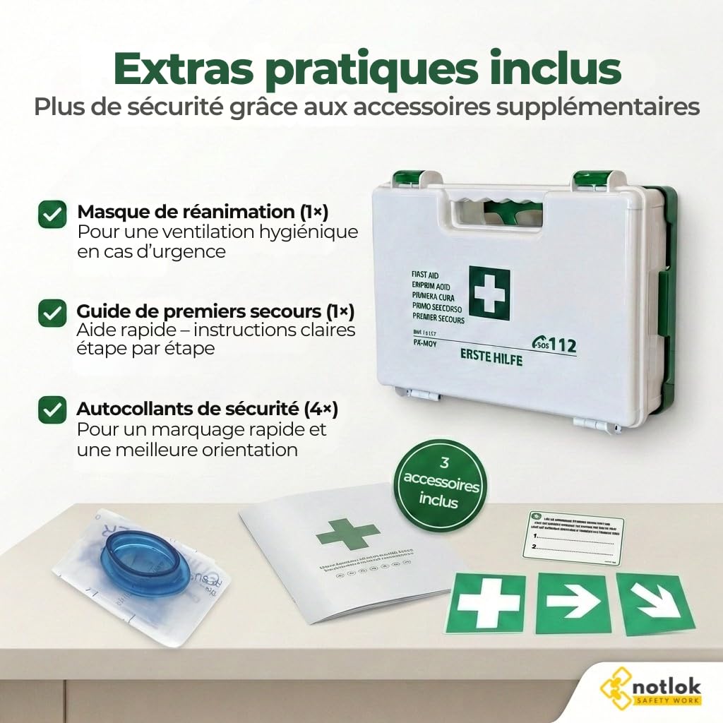 Trousse de Secours Complete DIN 13157 | Trousse Premier Secours - Boîte Pharmacie Murale | Pour Entreprise & Maison | Kit avec Pansements & Couverture de Survie Isothermique