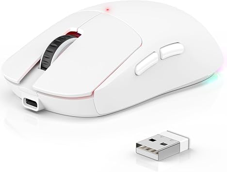 Bluetooth Wireless Gaming Mouse for MacBook Air PC iPad Pro, Ergonomic Rechargeable Laptop Mice with Jiggler Mode, 8000DPI RGB Computer Mouse Wired/Bluetooth 5.3/2.4G USB 3 Mode Connect - White