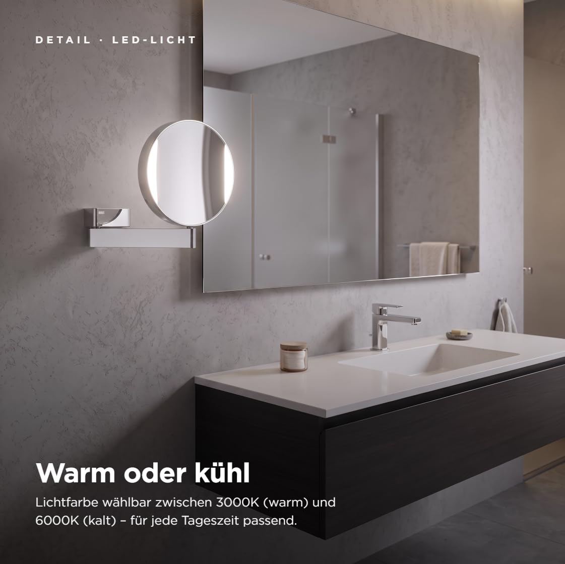 Emco Universal LED Kosmetik- und Rasierspiegel am Flexarm, runder Kosmetikspiegel mit Beleuchtung zur Wandmontage, Vergrößerungsspiegel (3-/7-fach) mit Einstellbarer Farbtemperatur, Chrom
