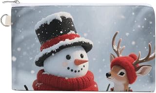 Christmas Snowman And Reindeer Large Portable Canvas Wallet | Lightweight Compact Pouch with Metal Zipper,Thin Multipurpose Travel Bag for Men & Women, Suitable for Cards, Coin, Keys